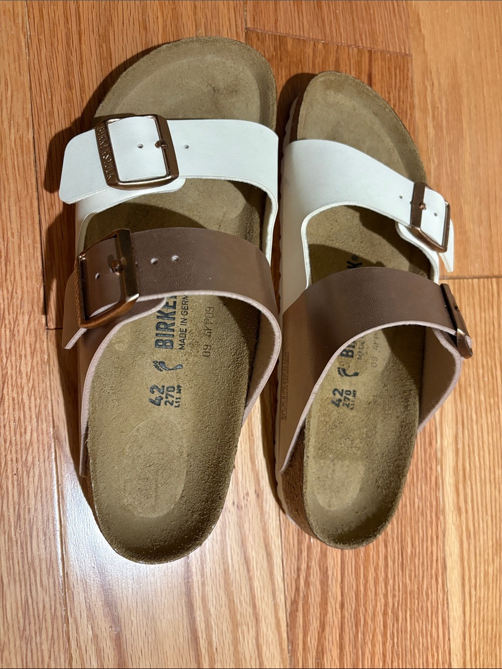 Birkenstock Two-Tone White and Rose Gold Double Strap Slide Sandals